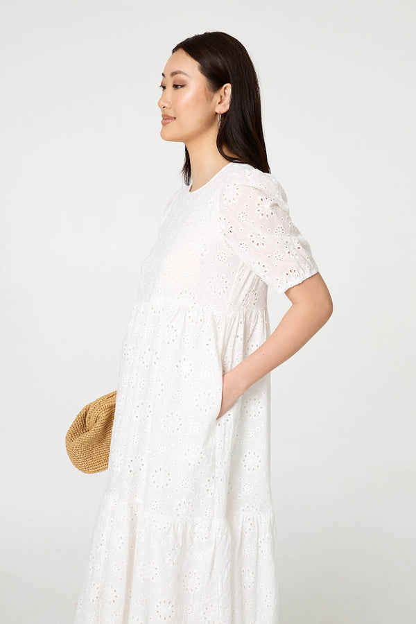White | Broderie Anglaise Tiered Midi Dress
