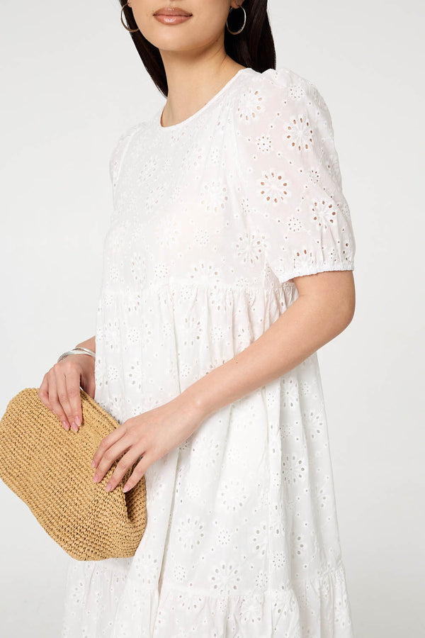 White | Broderie Anglaise Tiered Midi Dress