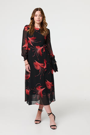 Red | Tropical Print Mesh Layered Midi Dress

