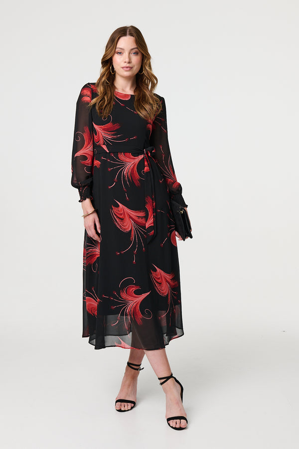Red | Tropical Print Mesh Layered Midi Dress
