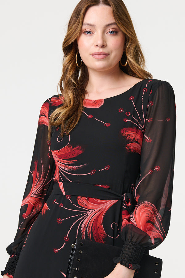 Red | Tropical Print Mesh Layered Midi Dress
