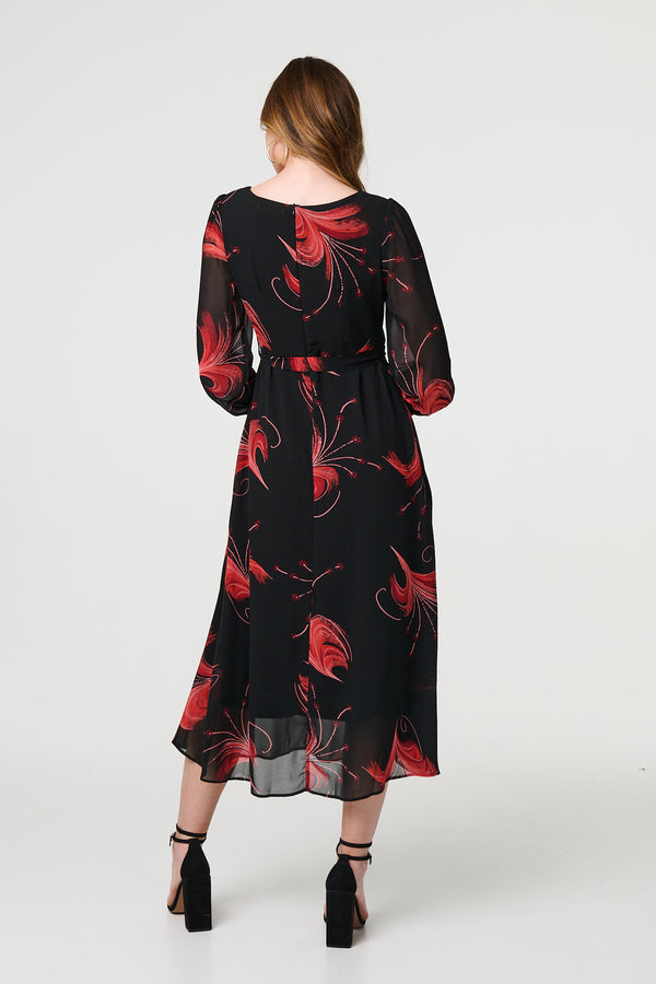 Red | Tropical Print Mesh Layered Midi Dress
