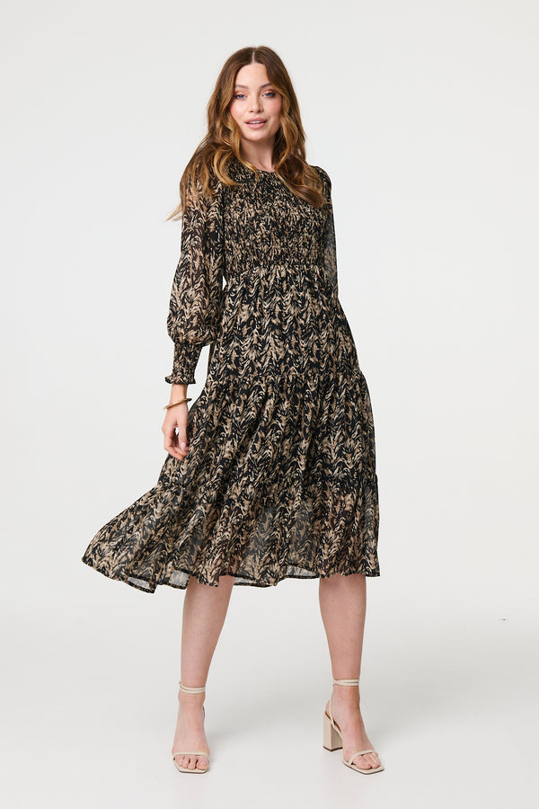 Black | Printed Long Sleeve Semi Sheer Smock Midi Dress
