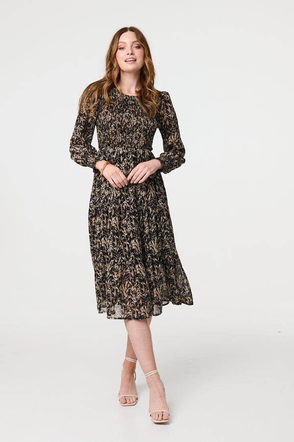 Black | Printed Long Sleeve Semi Sheer Smock Midi Dress
