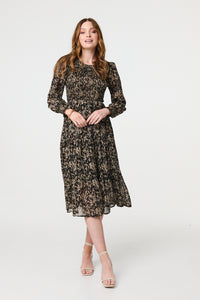 Black | Printed Long Sleeve Semi Sheer Smock Midi Dress
