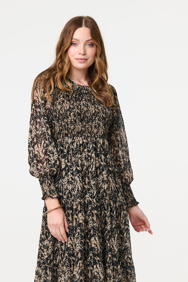 Black | Printed Long Sleeve Semi Sheer Smock Midi Dress
