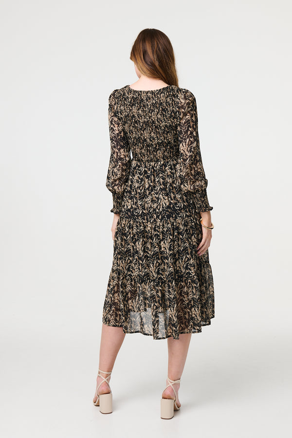 Black | Printed Long Sleeve Semi Sheer Smock Midi Dress
