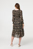 Black | Printed Long Sleeve Semi Sheer Smock Midi Dress
