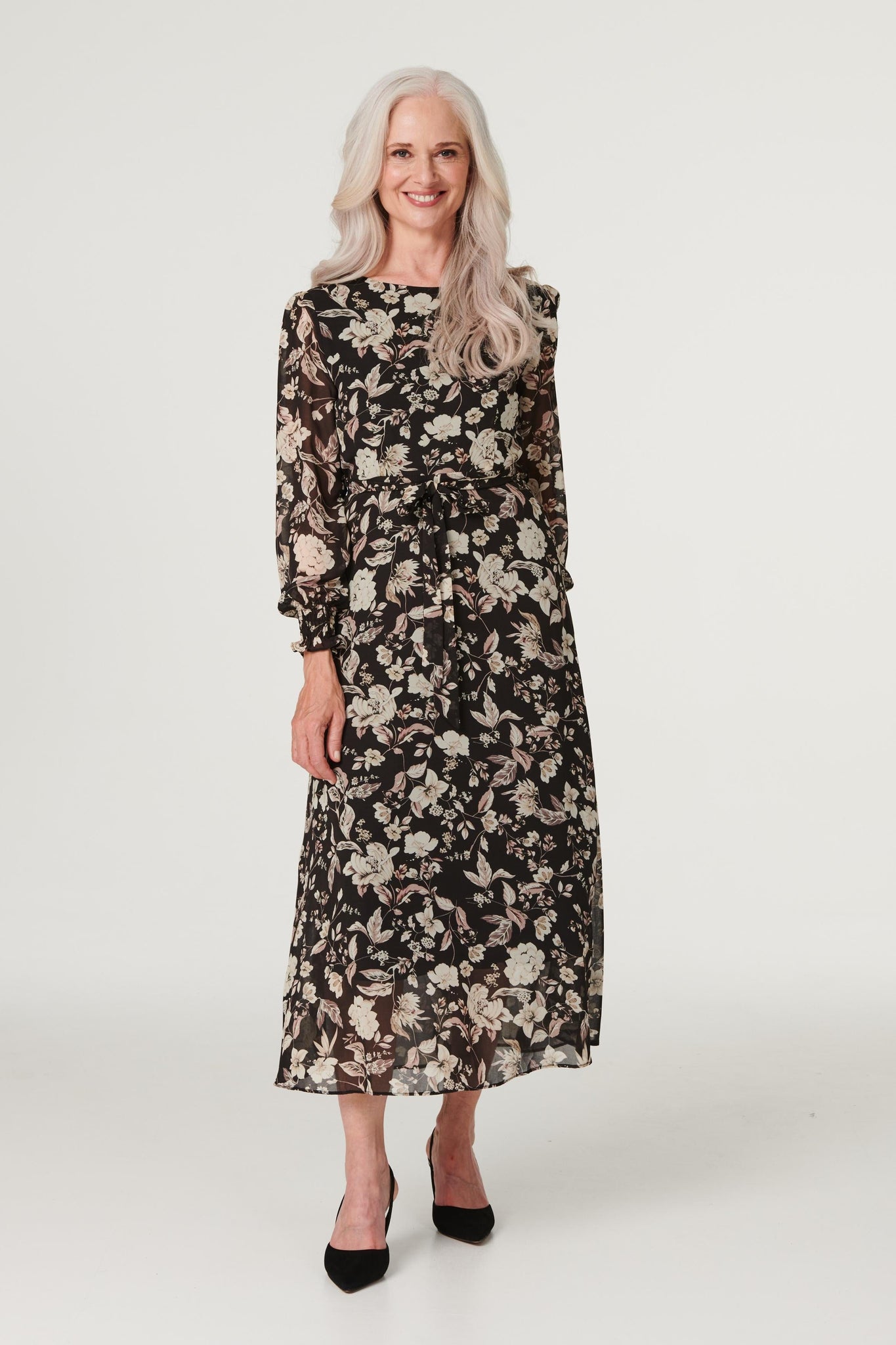 Black | Vintage Floral Maxi Tea Dress