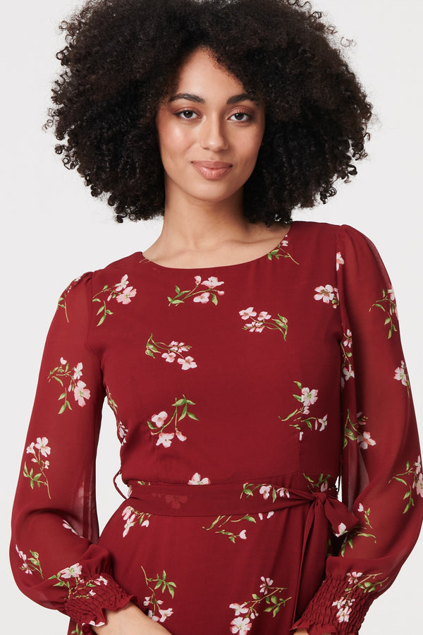 Red | Floral Sheer Layer Tie Waist Maxi Dress

