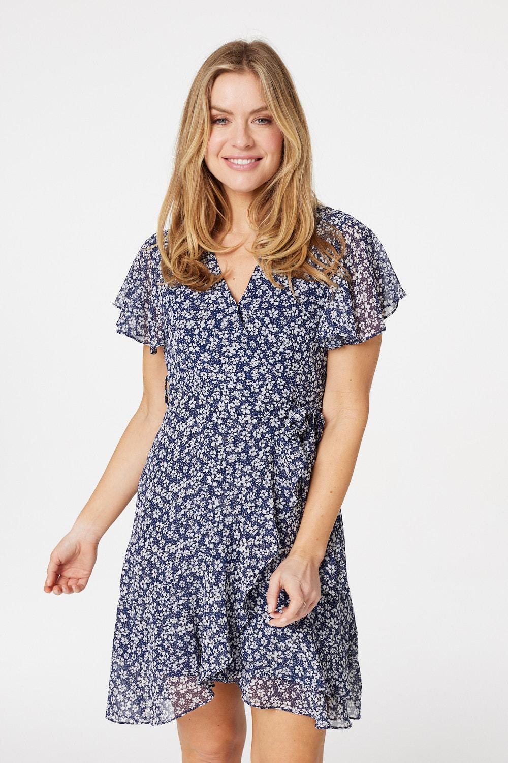 Navy | Ditsy Floral Wrap Front Mini Dress