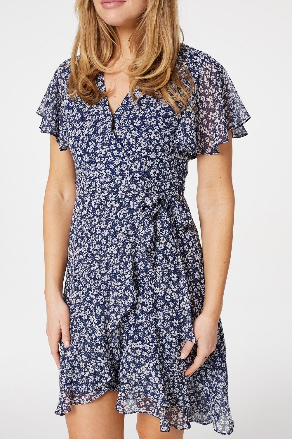 Navy | Ditsy Floral Wrap Front Mini Dress