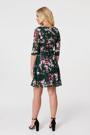 Green | Floral Lace Short Skater Dress