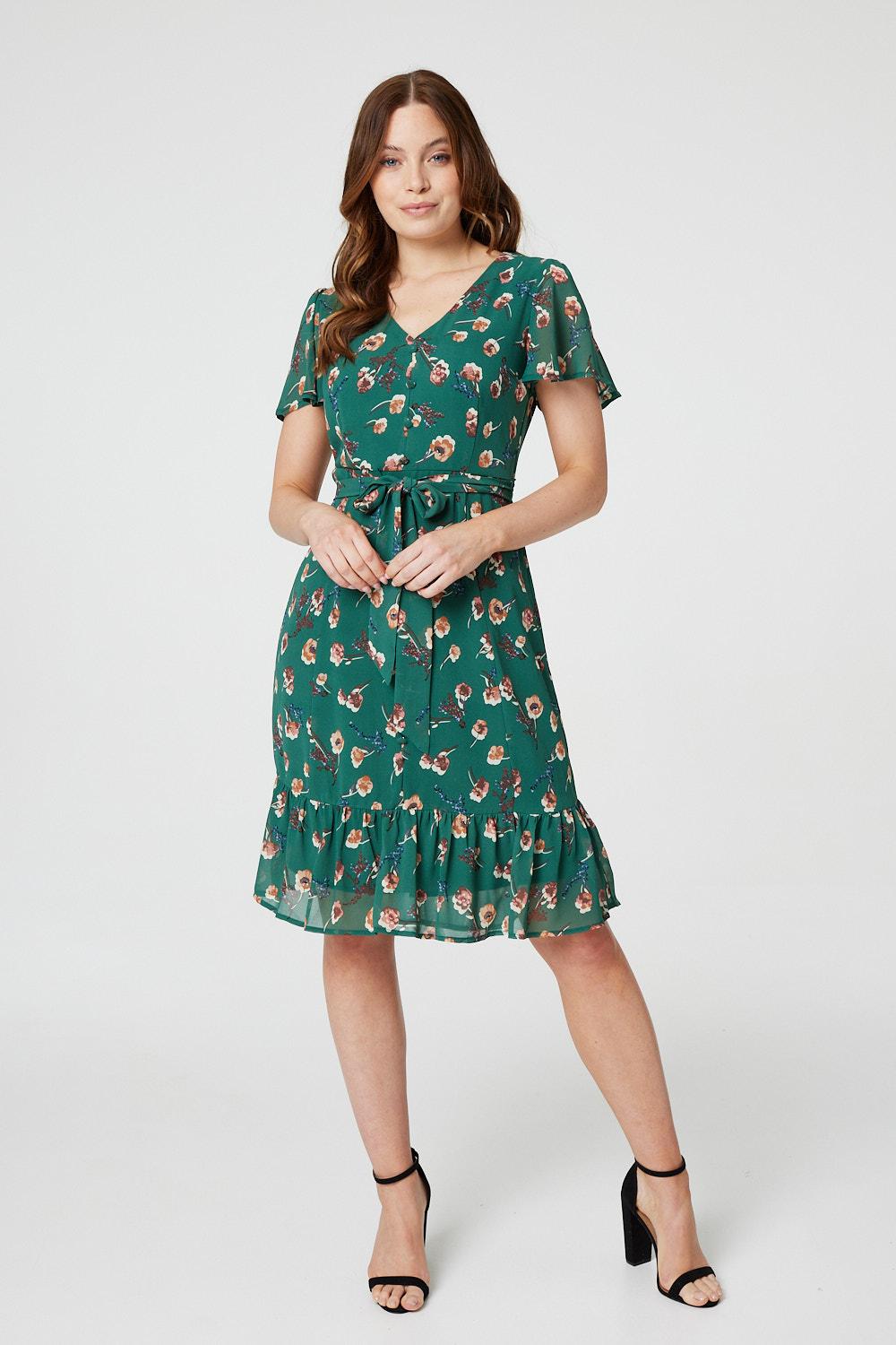 Green | Floral Angel Sleeve Tea Dress