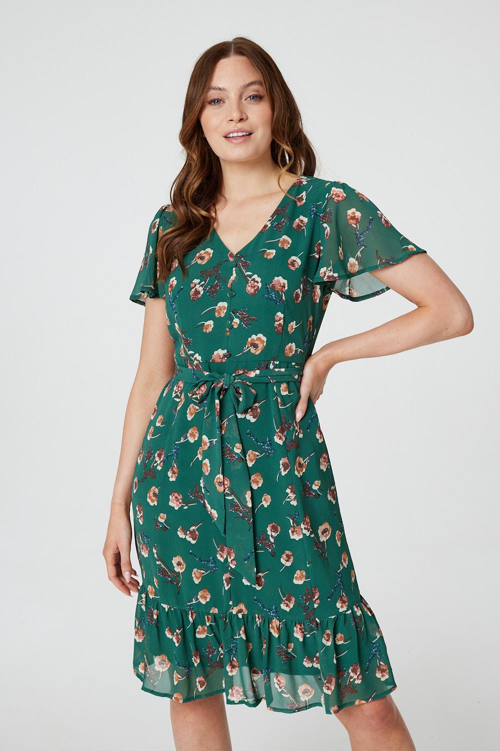 Green | Floral Angel Sleeve Tea Dress