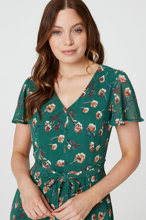 Green | Floral Angel Sleeve Tea Dress