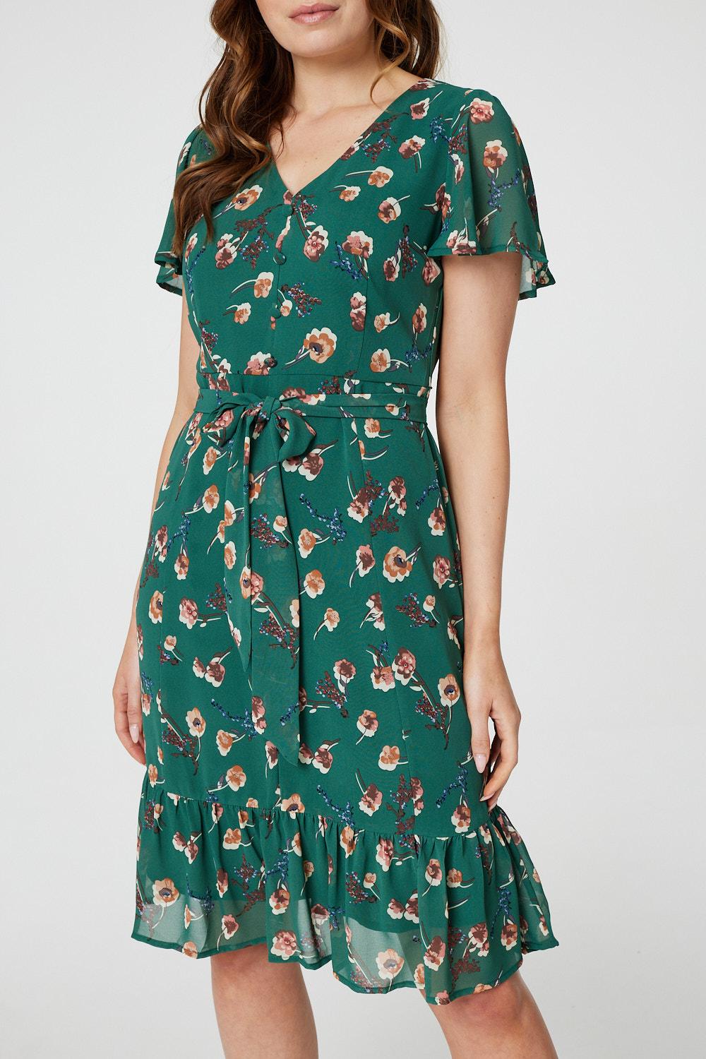 Green | Floral Angel Sleeve Tea Dress