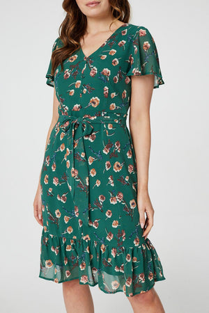Green | Floral Angel Sleeve Tea Dress