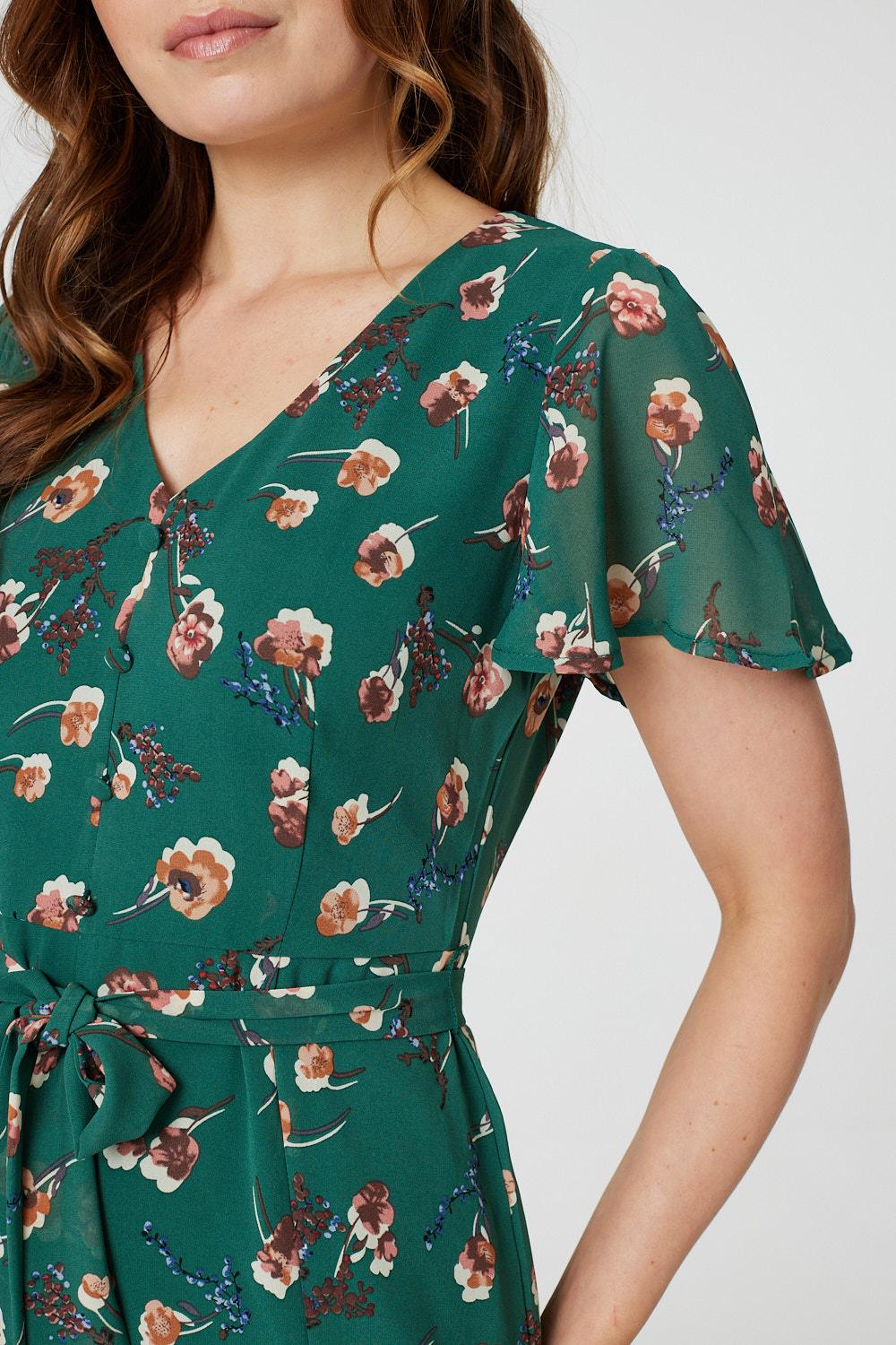 Green | Floral Angel Sleeve Tea Dress