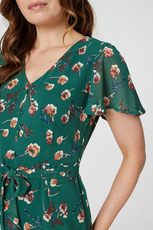 Green | Floral Angel Sleeve Tea Dress