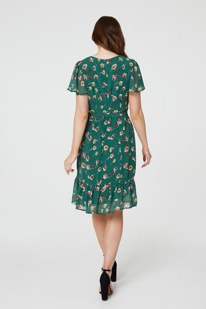 Green | Floral Angel Sleeve Tea Dress