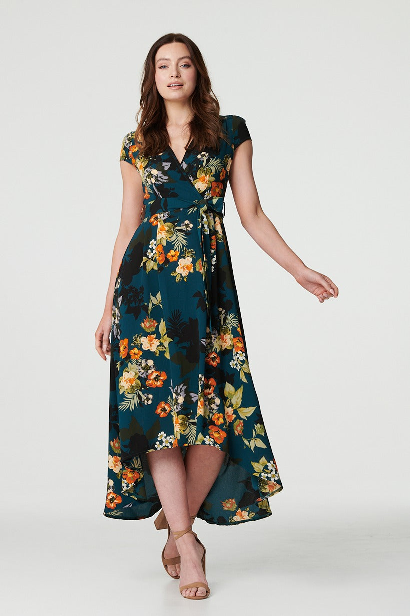 Teal | Floral High Low Wrap Maxi Dress