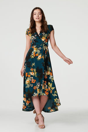 Teal | Floral High Low Wrap Maxi Dress