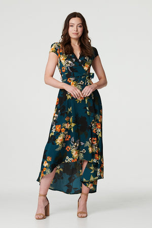 Teal | Floral High Low Wrap Maxi Dress : Model is 5'9"/175 cm and wears UK8/EU36/US4/AUS8