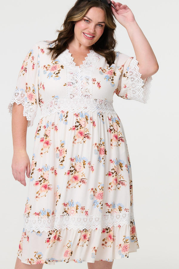 White | Floral Lace Midi Tea Dress