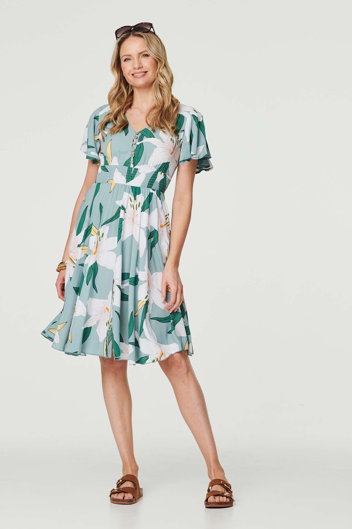 Green | Floral Knee Length Skater Dress