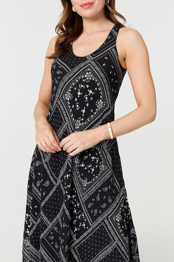 Black | Printed Sleeveless Relaxed Swing Dress
