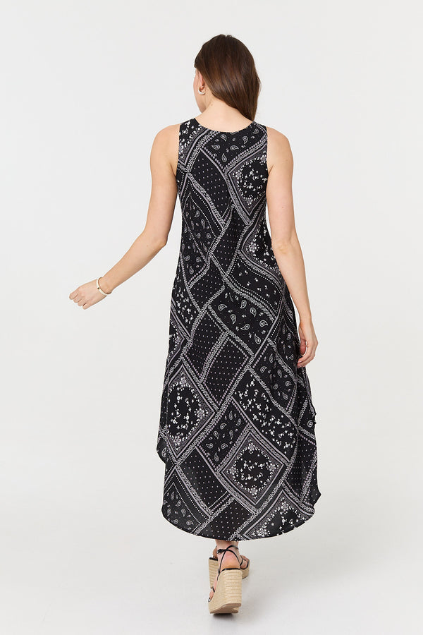 Black | Printed Sleeveless Relaxed Swing Dress
