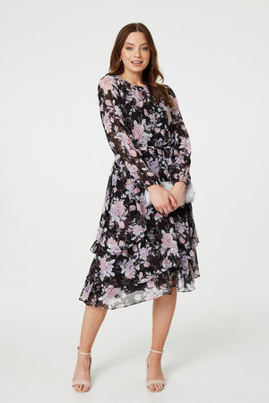 Black | Floral Semi Sheer Layered Hem Midi Dress
