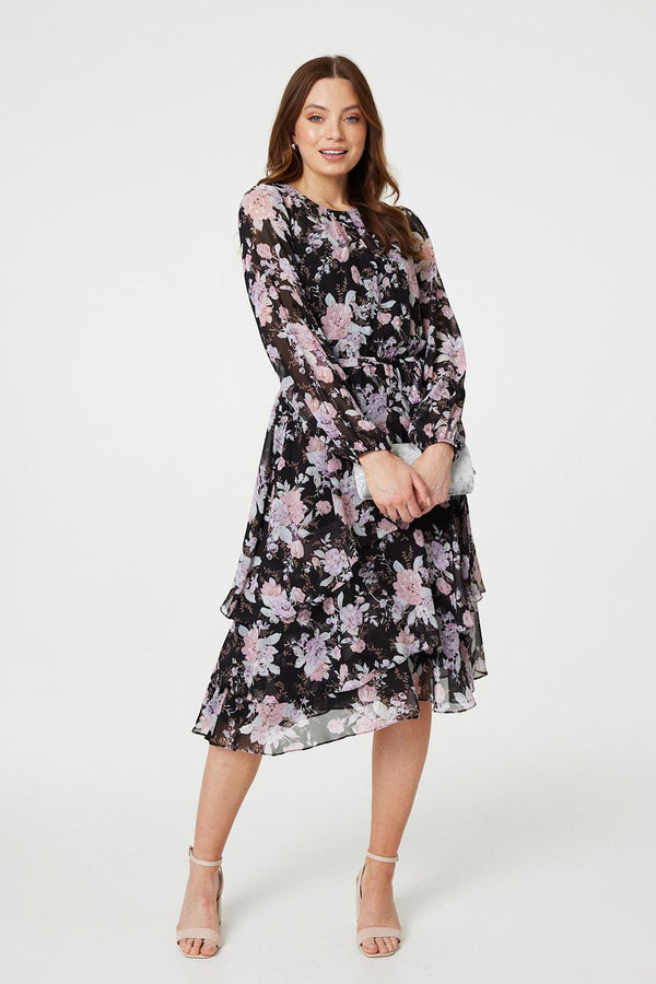 Black | Floral Semi Sheer Layered Hem Midi Dress
