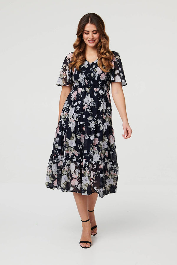 Navy | Floral Ruched Angel Sleeve Midi Dress