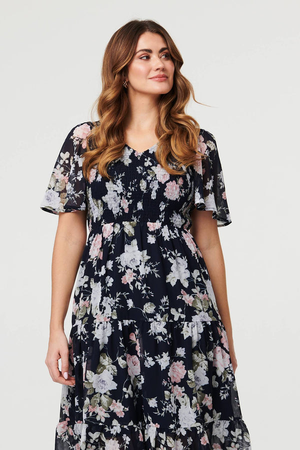 Navy | Floral Ruched Angel Sleeve Midi Dress
