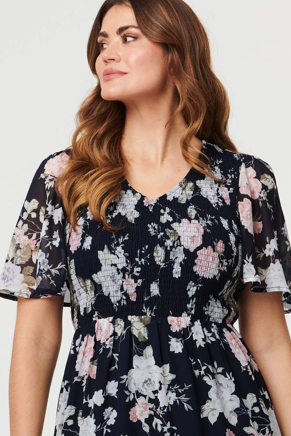 Navy | Floral Ruched Angel Sleeve Midi Dress