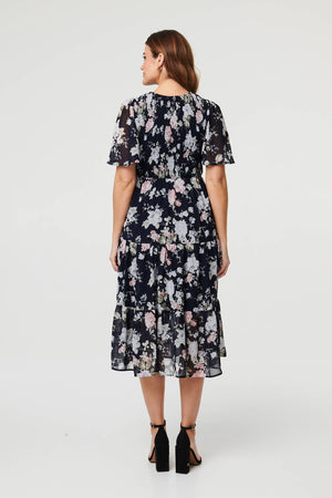Navy | Floral Ruched Angel Sleeve Midi Dress
