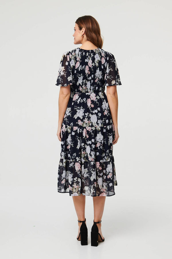 Navy | Floral Ruched Angel Sleeve Midi Dress