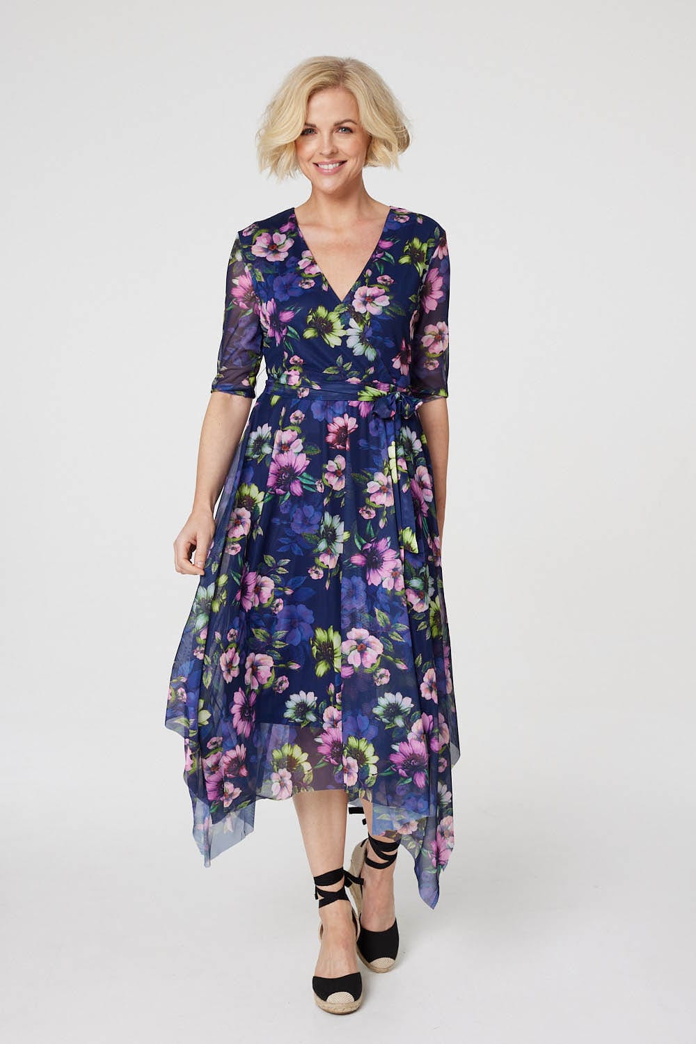 Navy | Floral Hanky Hem Mesh Midi Dress