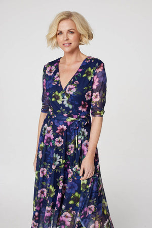 Navy | Floral Hanky Hem Mesh Midi Dress