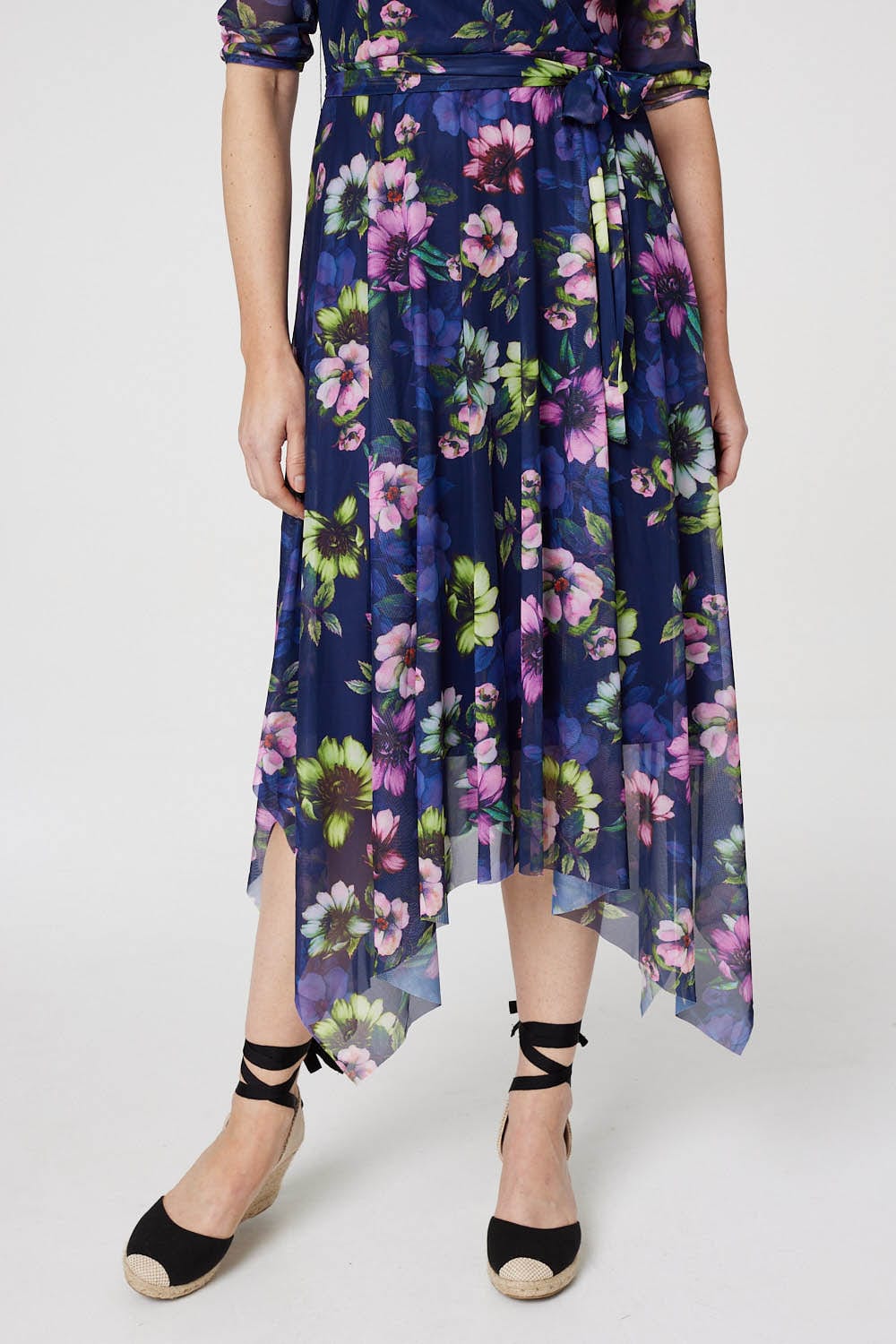 Navy | Floral Hanky Hem Mesh Midi Dress