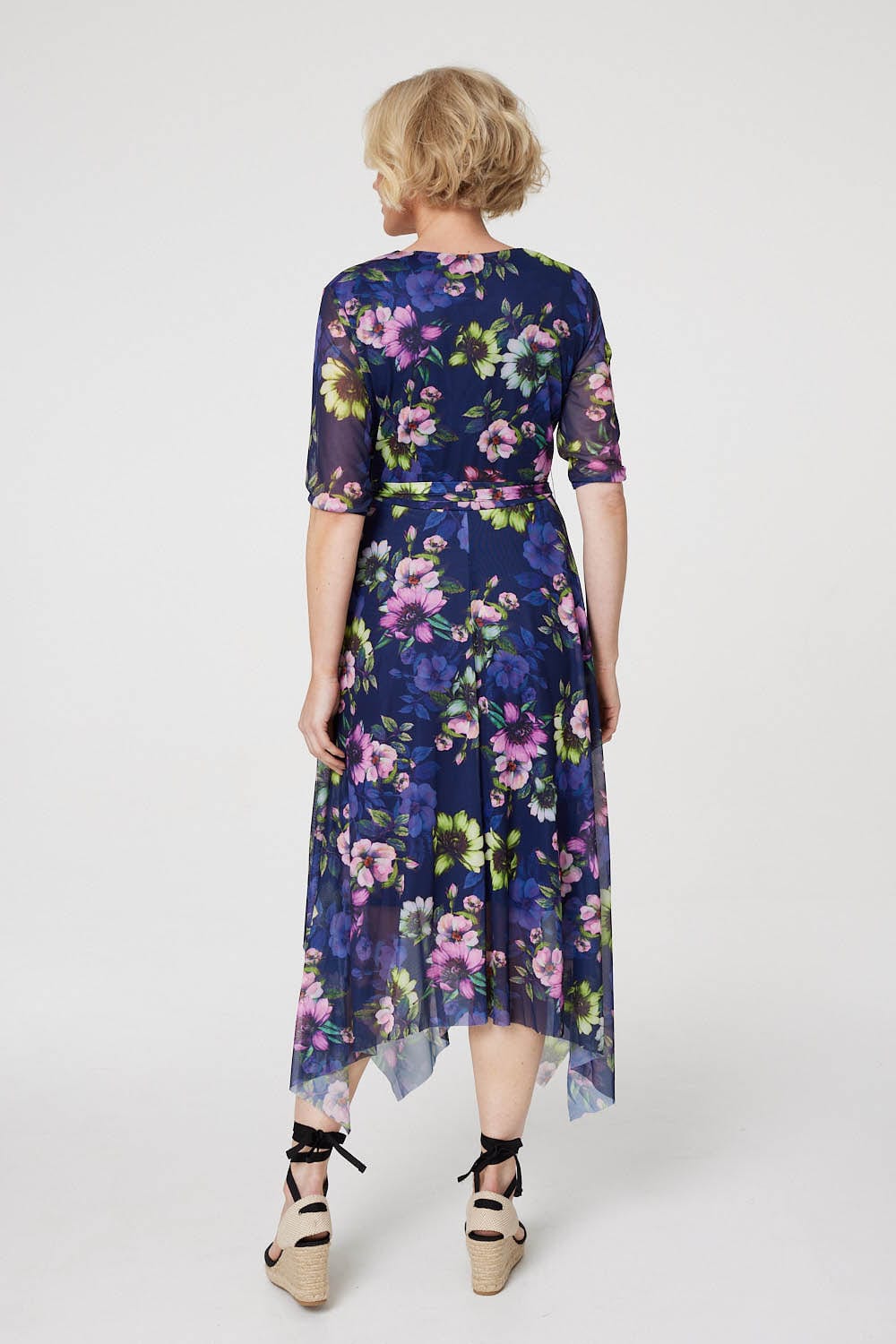 Navy | Floral Hanky Hem Mesh Midi Dress
