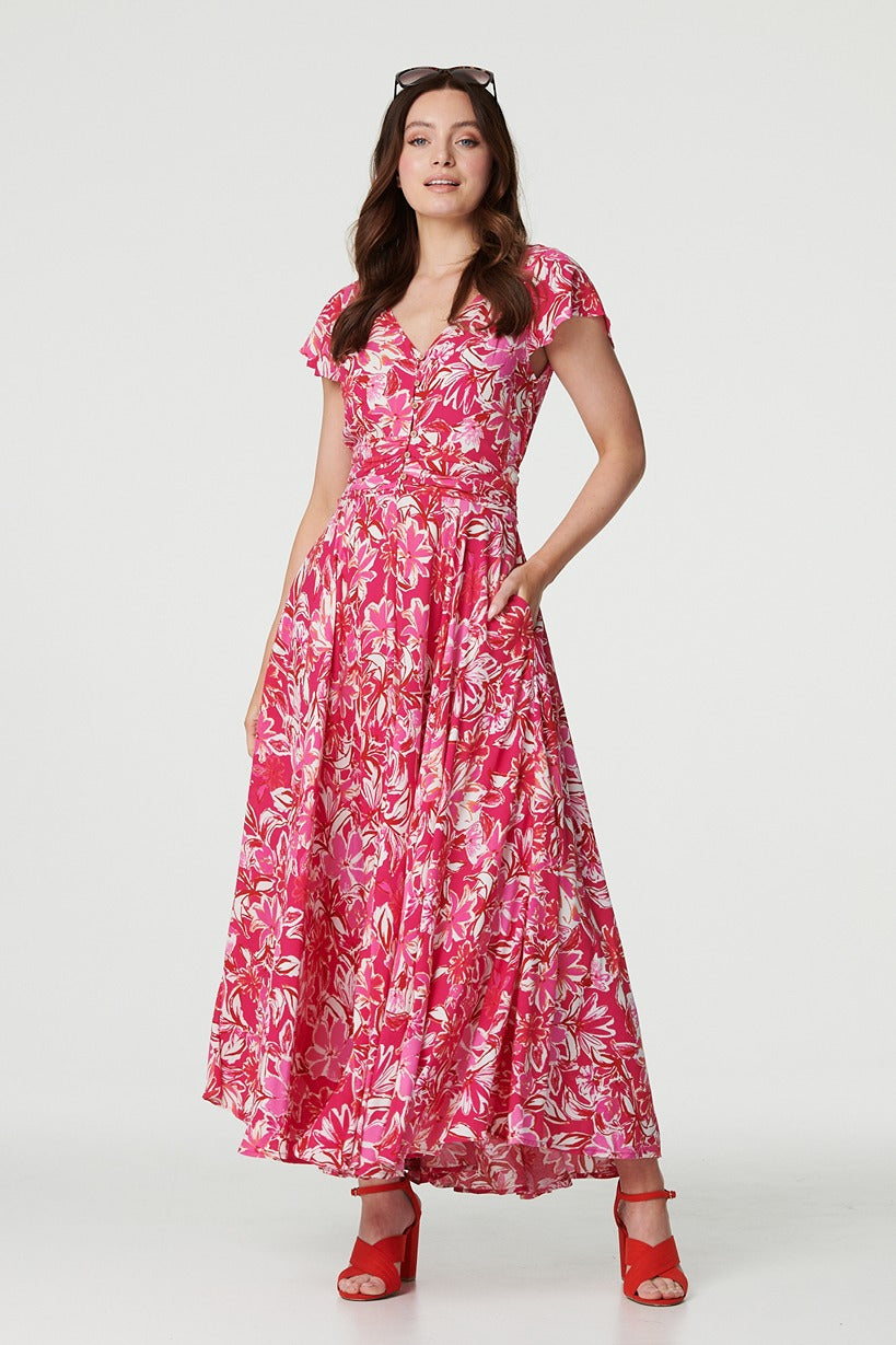 Pink | Floral Ruched V-Neck Maxi Dress : Model is 5'9"/175 cm and wears UK8/EU36/US4/AUS8