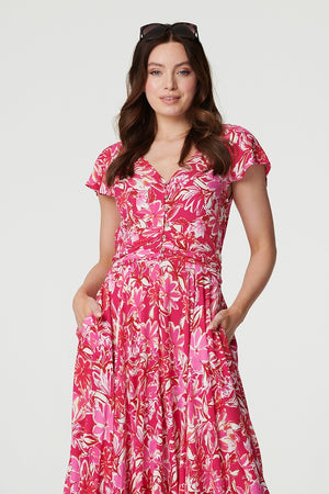 Pink | Floral Ruched V-Neck Maxi Dress