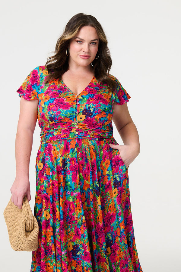 Pink | Floral Ruched Front Maxi Dress