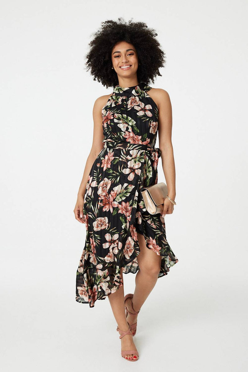 Floral Asymmetric Halter Neck Midi Dress Izabel London Floral Asymmetric Halter Neck Midi Dress Izabel London