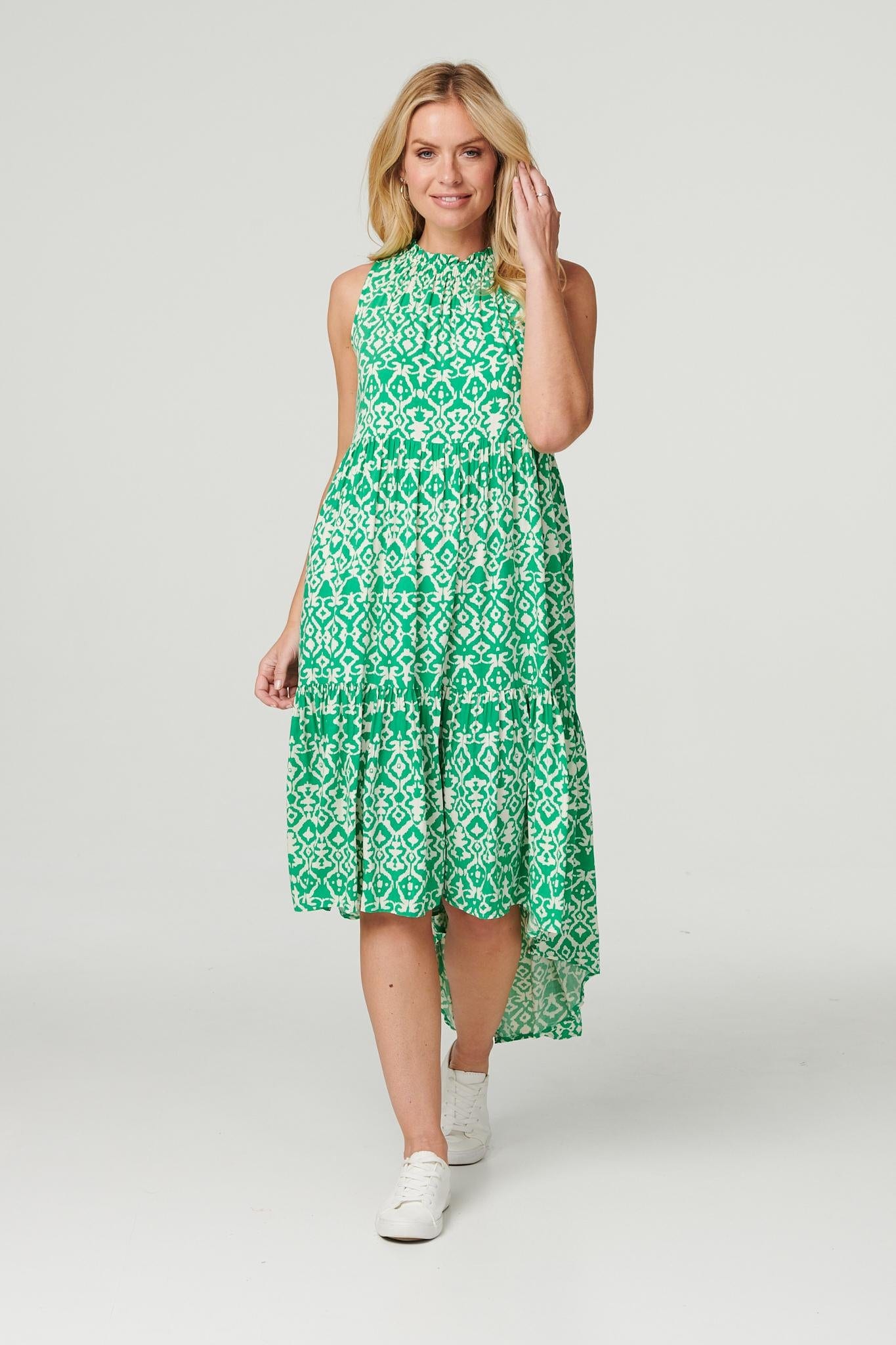 Green | Ikat Print High Neck Midi Dress
