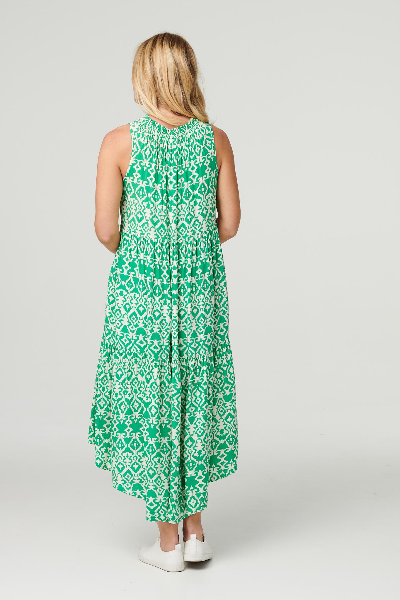 Green | Ikat Print High Neck Midi Dress