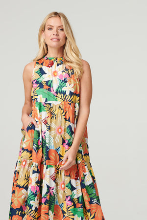 Navy | Floral Sleeveless Tiered Dress